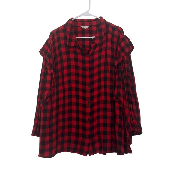 Cato Red & Black Plaid Button-Up Shirt With Ruffle Sleeves Womens Size 26/28W - Picture 1 of 12